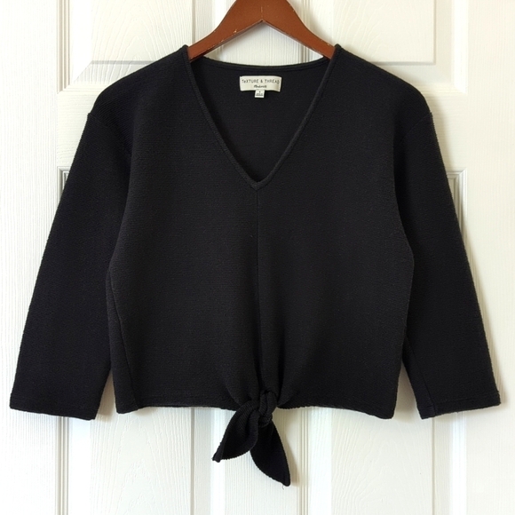 Madewell Tops - Madewell Texture & Thread Ribbed Knit Quarter Sleeve V-neck Tie Front Top Black